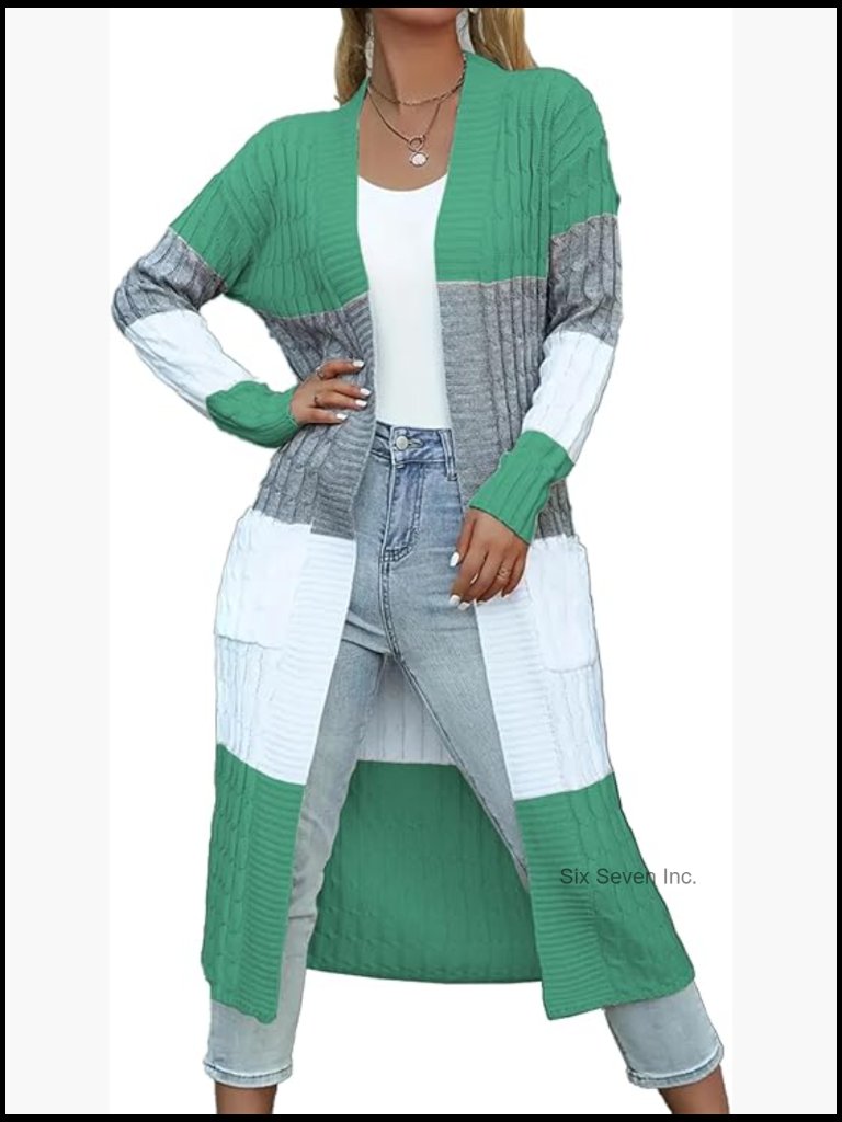 Chunky Cable Knit Long Duster Cardigan Color Block Open Front Plus Size